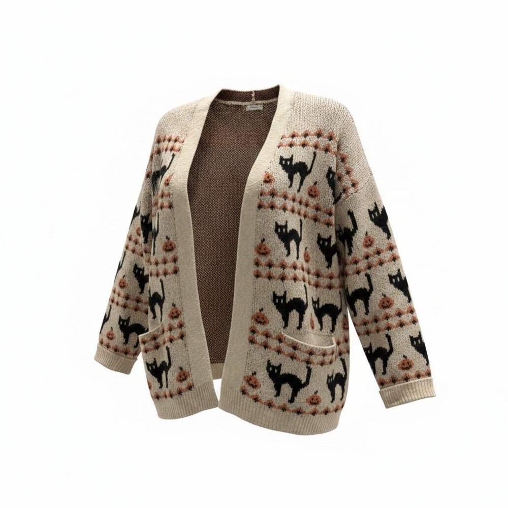 Maurices Halloween Black Cat Pumpkin Cardigan Sweater XXL Tan Orange Spooky Knit